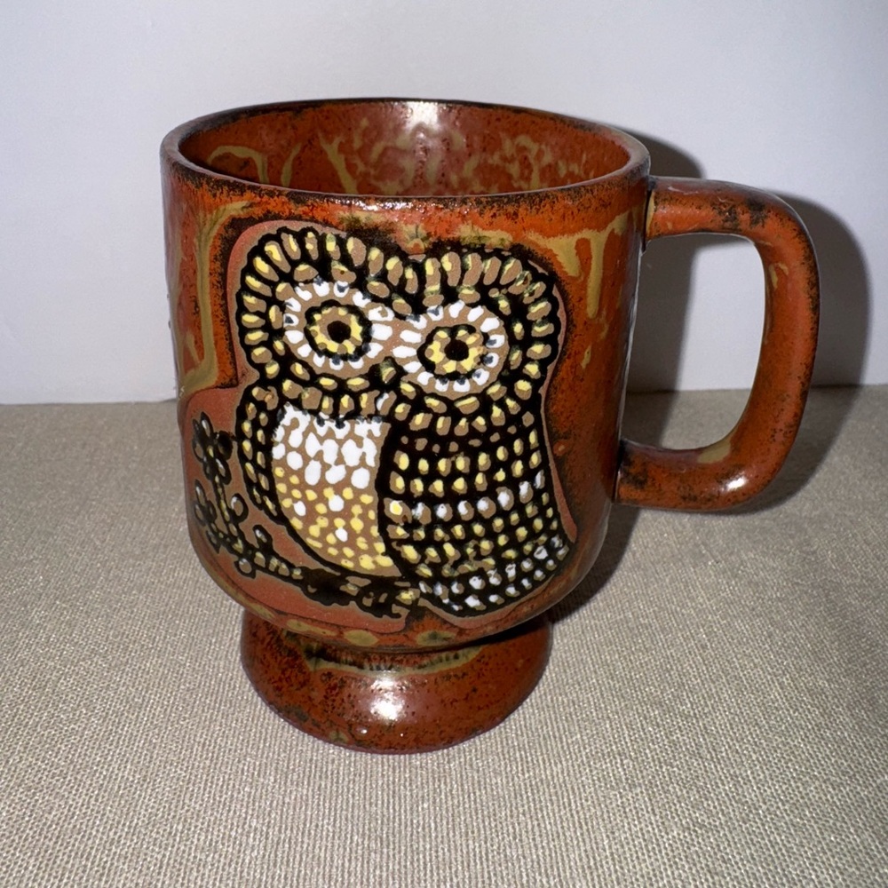 Vintage Owl Footed Mug Stoneware Dot Painted MCM Vintage Boho